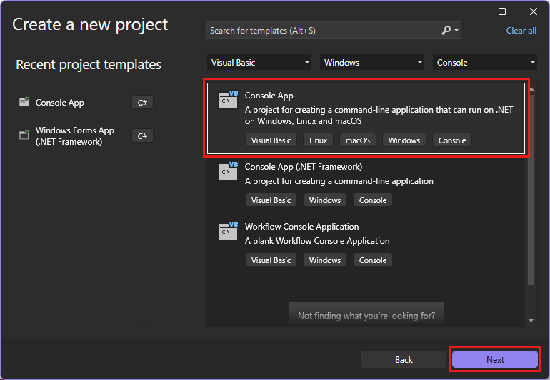 Captura de pantalla que muestra la ventana Crear un nuevo proyecto con 