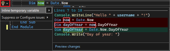 Captura de pantalla que muestra la sugerencia de variable temporal en línea en Visual Studio 2022.