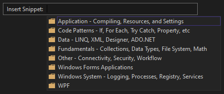 Screenshot que muestra la ventana Insertar fragmento de código con una lista de carpetas de categorías que contienen fragmentos de código Visual Basic.