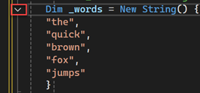 Captura de pantalla del editor de Visual Studio Code con el botón para contraer la estructura de una sección de código en rojo resaltado.