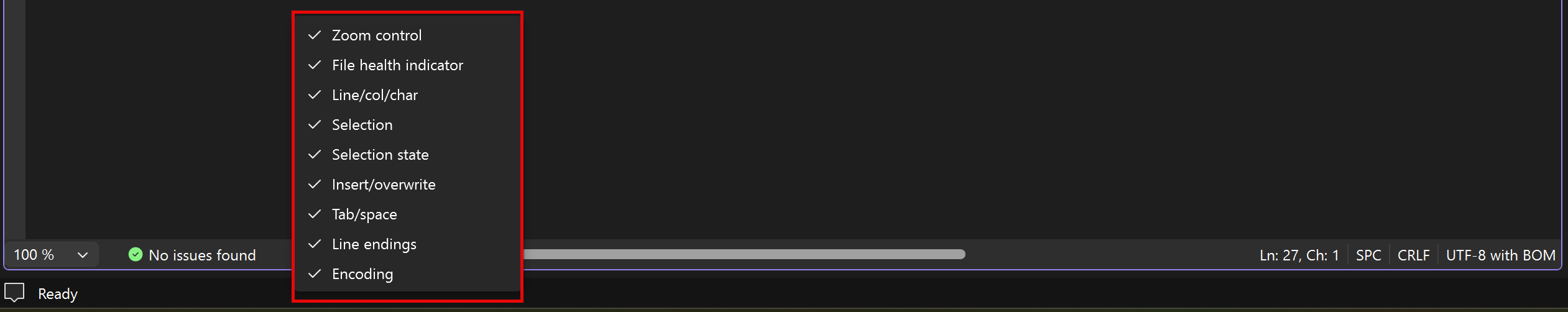 Captura de pantalla del menú contextual del margen inferior, en la que se muestran los elementos de control opcionales.