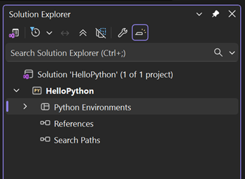 Captura de pantalla que muestra el entorno predeterminado en el Explorador de soluciones en Visual Studio.