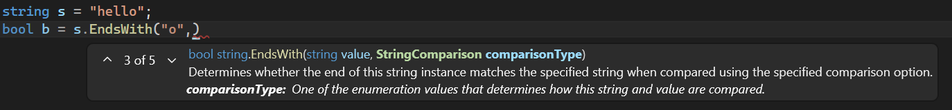 Captura de pantalla de la característica Información de parámetros de IntelliSense.