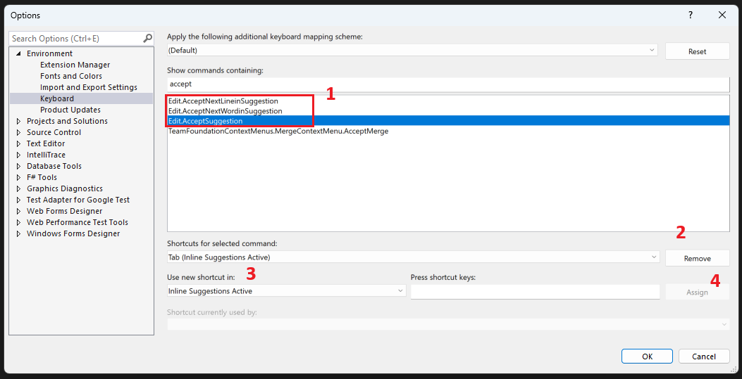 Captura de pantalla que muestra el cuadro de diálogo de configuración del teclado con el comando Edit.AcceptSuggestion seleccionado y un acceso directo personalizado asignado en el ámbito Inline Suggestion Active.