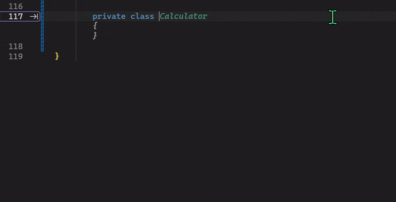 Captura de pantalla animada que muestra una finalización de Copilot en línea donde, al pasar el cursor, se resalta un segmento y al hacer clic se acepta la finalización hasta la posición del cursor.