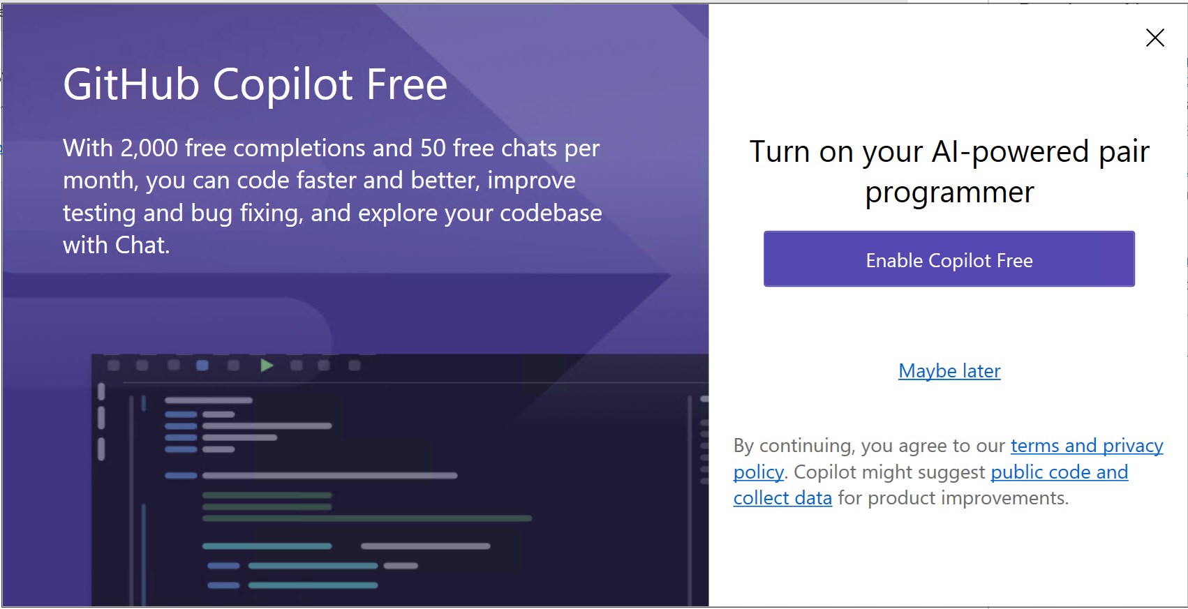 Captura de pantalla que muestra el inicio de sesión en Visual Studio por primera vez.