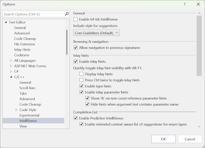 Captura de pantalla que muestra las opciones de IntelliSense para C++ en el cuadro de diálogo Opciones de herramientas.
