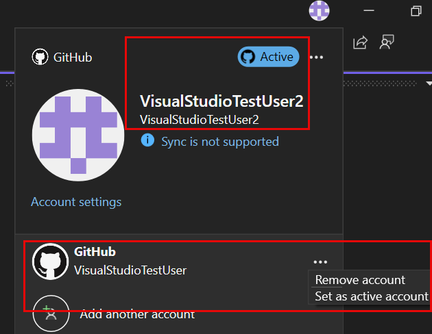 Captura de pantalla de la cuenta activa de GitHub en Configuración de la cuenta.