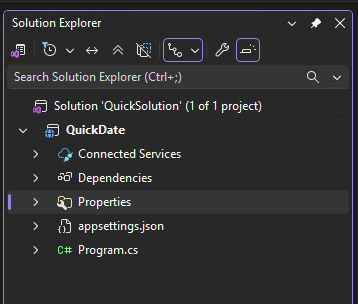 Captura de pantalla del Explorador de soluciones con un nodo Propiedades que se muestra.
