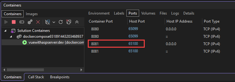 Captura de pantalla que muestra los puertos de contenedor de Docker.
