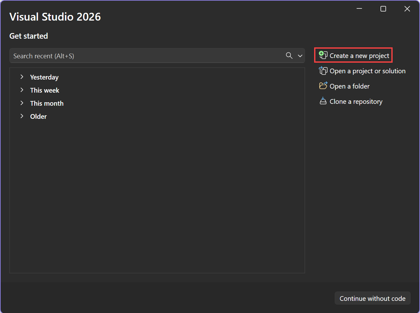Captura de pantalla en la que se muestra cómo crear un nuevo proyecto