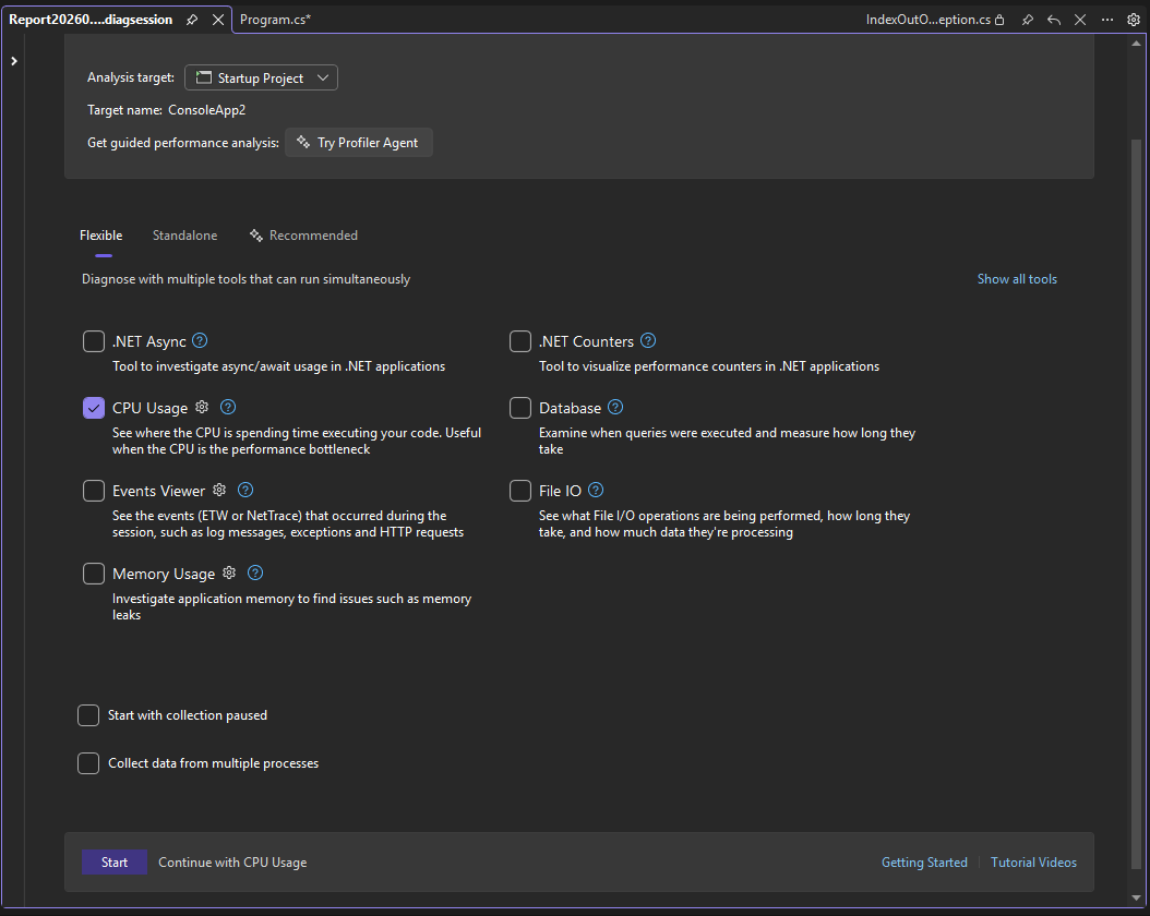 Captura de pantalla que muestra Seleccionar uso de CPU.