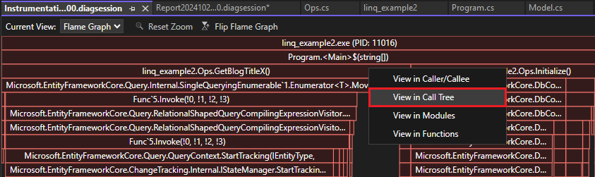 Captura de pantalla que muestra la opción Flame Graph para ver en el árbol de llamadas.