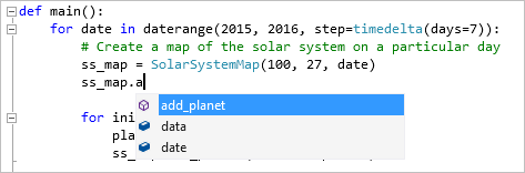 Captura de pantalla que muestra las finalizaciones de código para código de Python en Visual Studio.