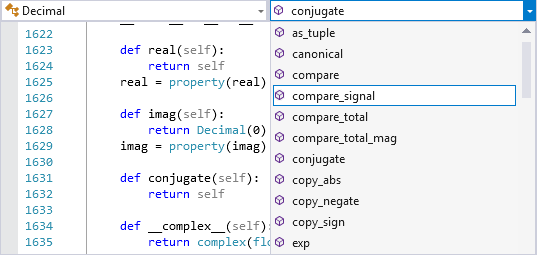 Captura de pantalla que muestra la barra de navegación en el editor de Visual Studio.