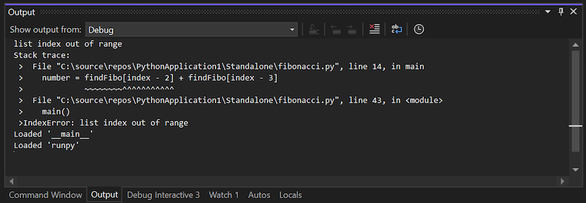 Recorte de pantalla que muestra la salida del registro del depurador en la ventana Salida de Visual Studio.