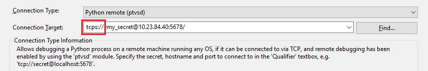 Captura de pantalla que muestra cómo especificar TCPS como transporte de depuración remota con SSL.