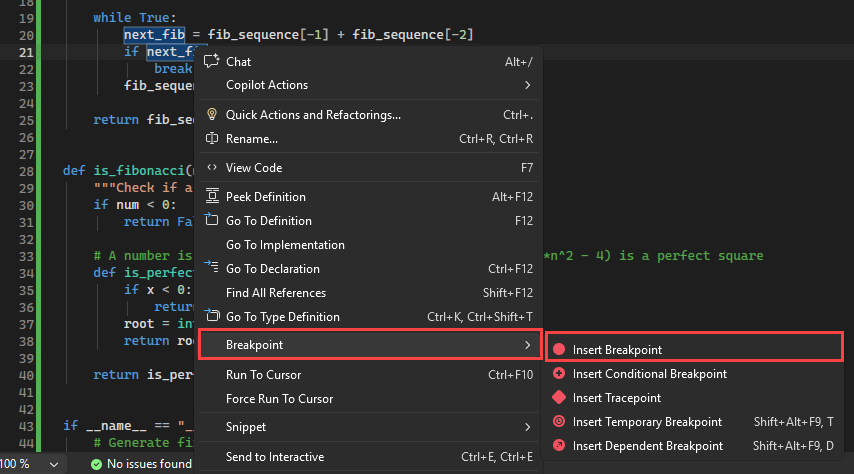 Captura de pantalla que muestra cómo se muestran los puntos de interrupción en el margen izquierdo del archivo de código en Visual Studio.