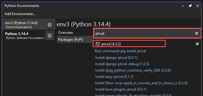 Captura de pantalla que muestra cómo comprobar la versión de ptvsd en la ventana Entornos de Python.