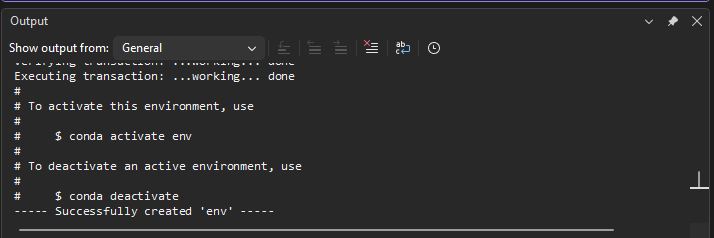 Captura de pantalla que muestra la creación correcta de un entorno de Conda.