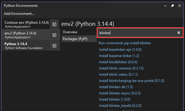 Captura de pantalla que muestra cómo Visual Studio indica cómo buscar paquetes compatibles en la ventana Entornos de Python.