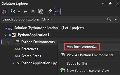 Screenshot que muestra el comando Agregar entorno en Visual Studio.