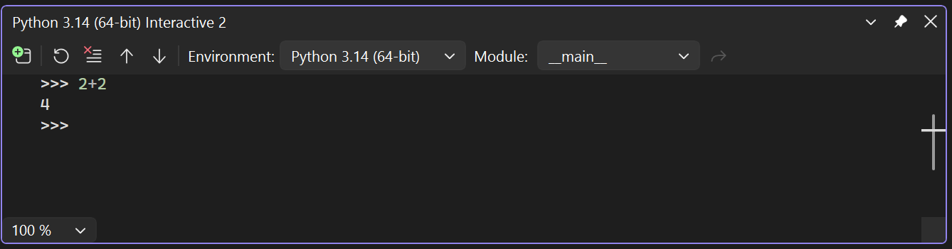 Captura de pantalla que muestra cómo probar la compatibilidad con Python mediante la ventana interactiva.