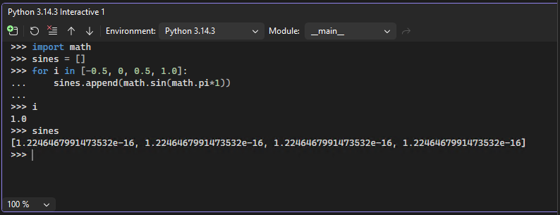 Captura de pantalla que muestra la vista expandida de la ventana interactiva de Python en Visual Studio.