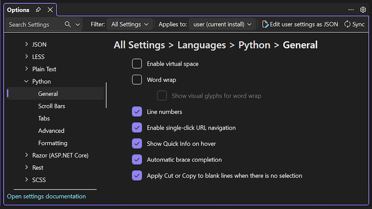 Captura de pantalla que muestra las categorías de opciones de lenguaje para Python y opciones generales específicas en Visual Studio 2026.