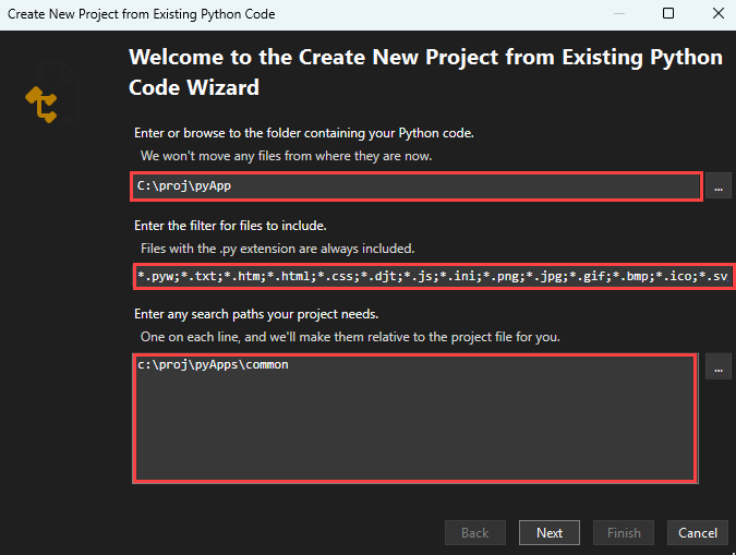 Captura de pantalla de la creación de un nuevo proyecto a partir de código existente, incluida la selección de la ruta de la carpeta, los filtros de tipo de archivo y las rutas de búsqueda en Visual Studio.
