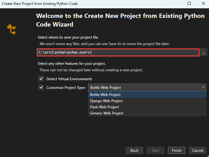 Captura de pantalla de una nueva creación de Project a partir de la ventana Código existente, incluida la ubicación del archivo project y otras opciones opcionales en Visual Studio.
