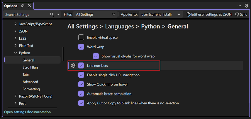 Captura de pantalla que muestra cómo habilitar la numeración de líneas en el editor con la opción Lenguajes números de línea general de Python.