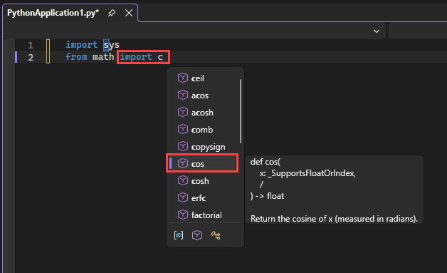 Captura de pantalla que muestra cómo IntelliSense muestra los miembros del módulo disponibles para la función de importación en el editor de Visual Studio.