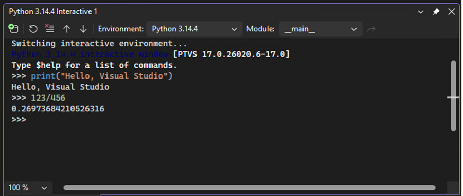 Captura de pantalla que muestra cómo la ventana interactiva muestra los resultados inmediatos del código que escriba en Visual Studio.