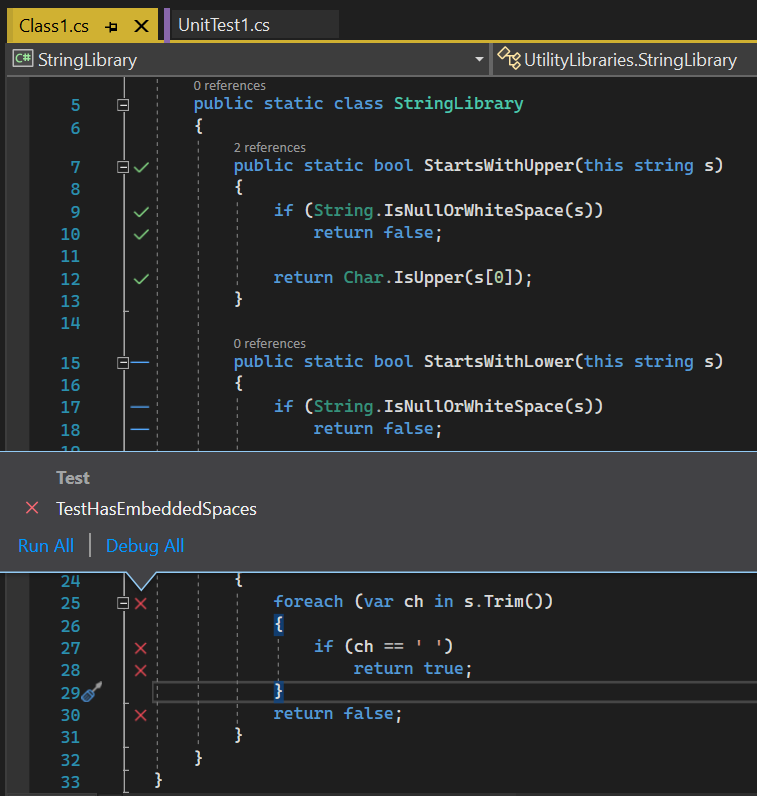 Captura de pantalla que muestra la cobertura de código en Visual Studio.