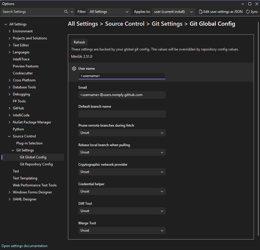 Captura de pantalla del panel Opciones, donde puede elegir la configuración y ajustes de personalización en el IDE de Visual Studio.