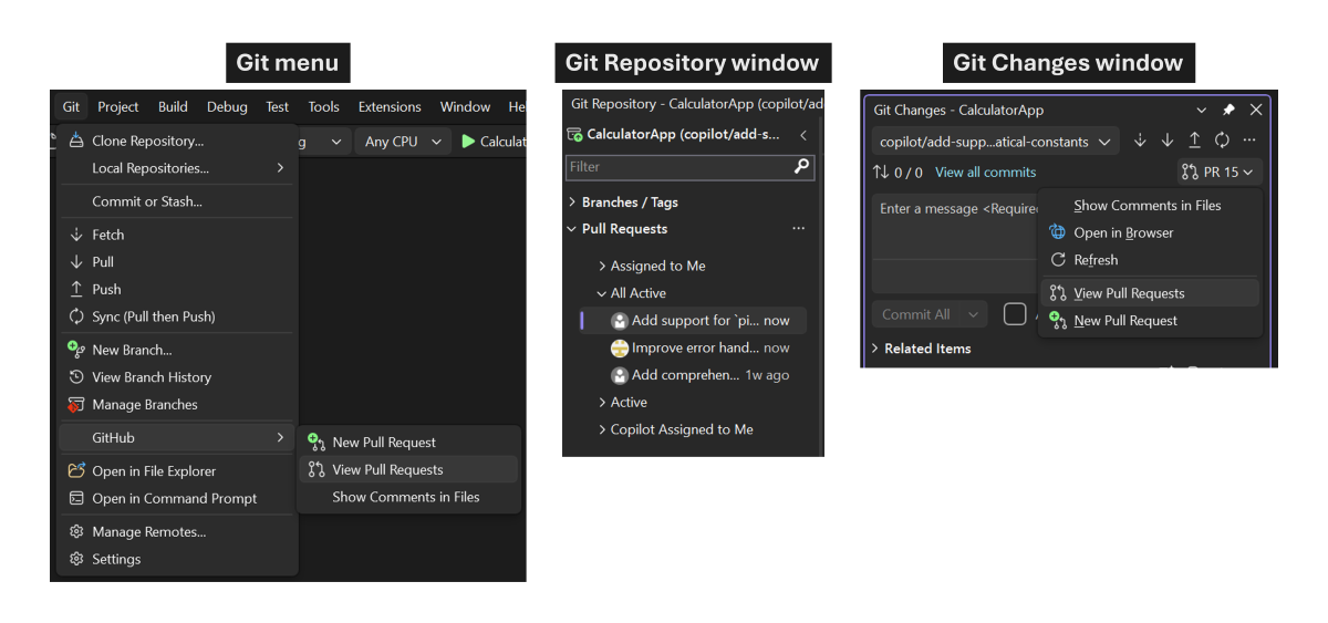 Captura de pantalla que muestra tres puntos de entrada de solicitud de incorporación de cambios en Visual Studio: el menú Git, la ventana Repositorio de Git y la ventana Cambios de Git.