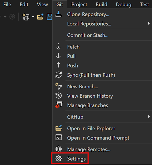 Captura de pantalla del menú Git con la opción Configuración resaltada.
