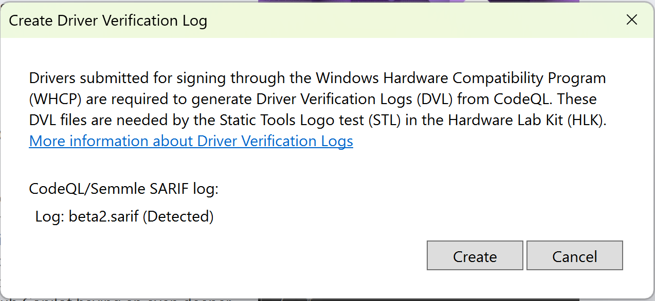 Captura de pantalla de la notificación de Visual Studio para la generación de DVL de CodeQL.