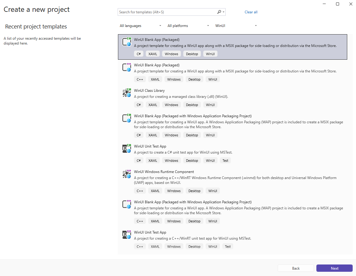 Plantillas de proyecto de WinUI