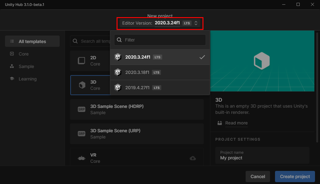 Captura de pantalla de Unity Hub con la lista desplegable Editor versión mostrada.