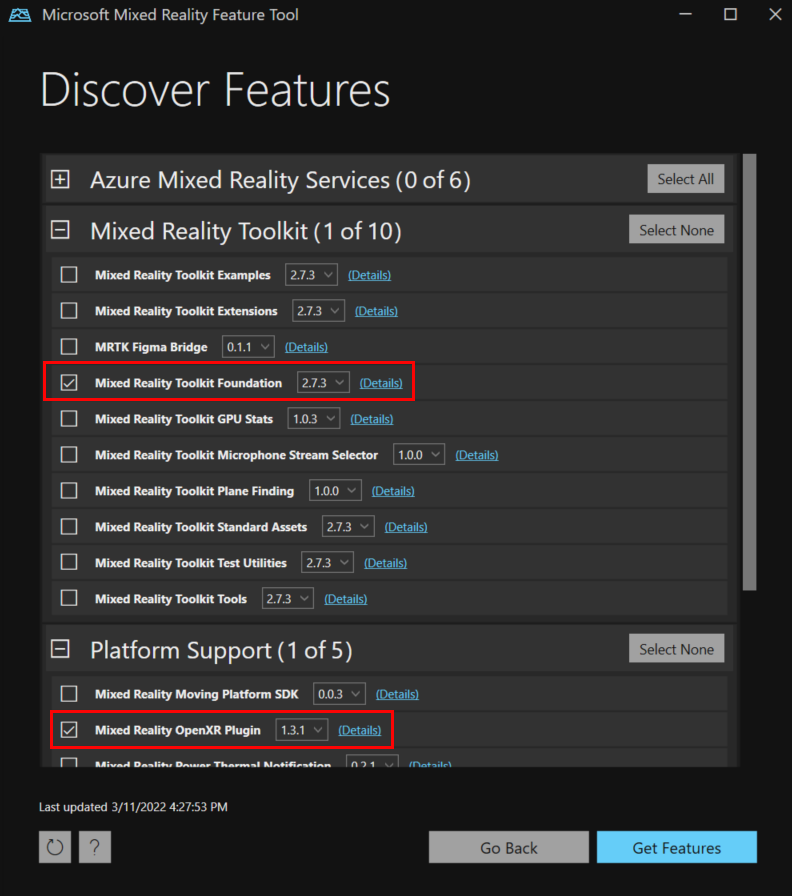 Captura de pantalla de las selecciones de paquetes en la herramienta de características de Mixed Reality.