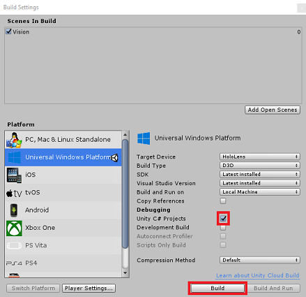 Captura de pantalla que muestra cómo compilar la aplicación desde Unity.