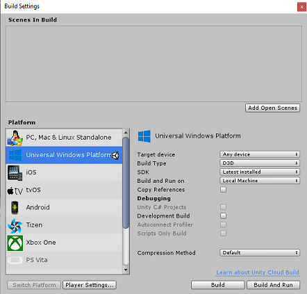 Captura de pantalla de la ventana Configuración de compilación, en la que se muestra la lista de selección de plataforma. Plataforma universal de Windows está seleccionada.