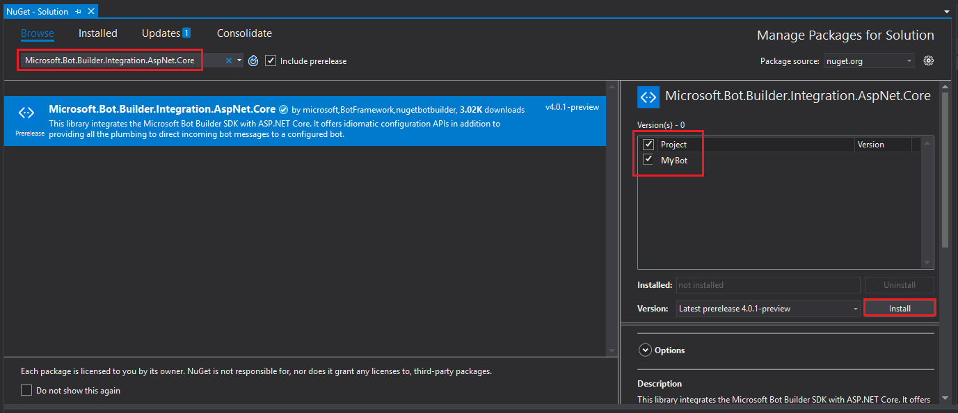 Captura de pantalla que muestra el administrador de soluciones de Nu-Get.