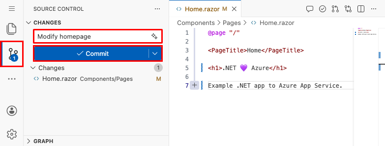 Captura de pantalla de Visual Studio Code en el navegador, panel de Control de código fuente con un mensaje de confirmación de 