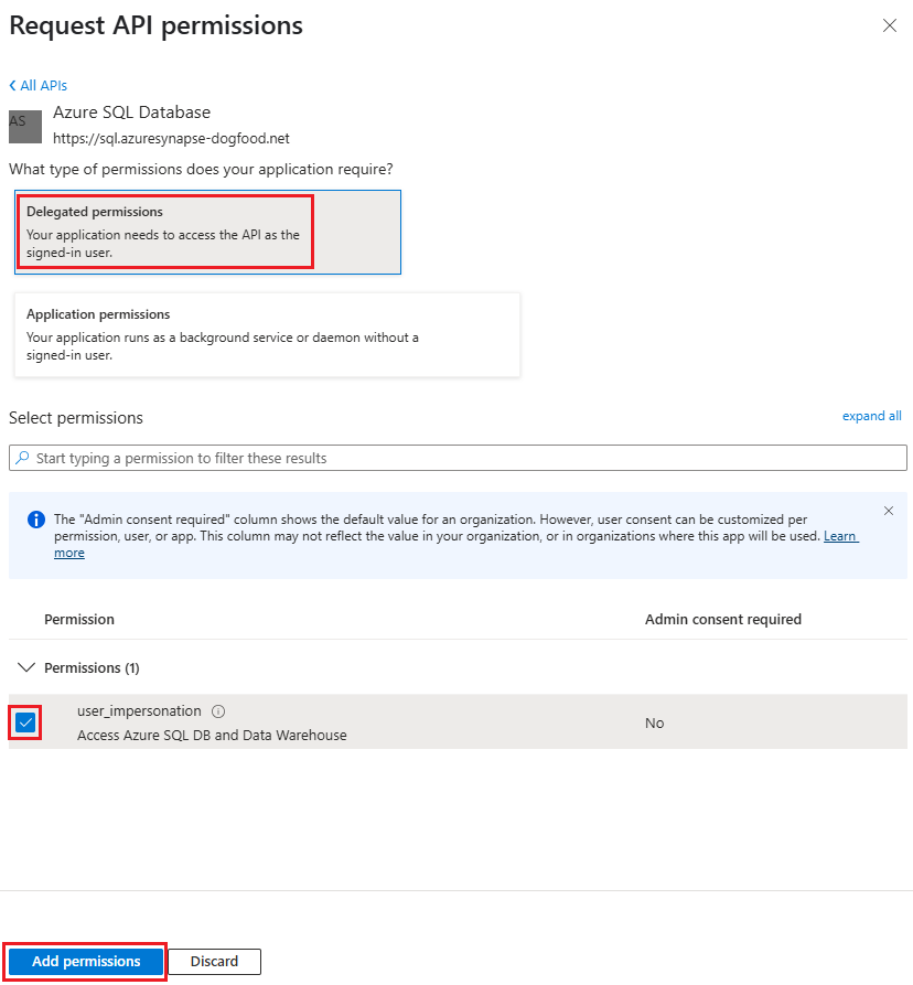 Captura de pantalla de la página Solicitar permisos de API en la que se muestran permisos delegados, user_impersonation y el botón Agregar permiso seleccionado.