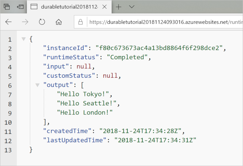 Captura de pantalla de la aplicación de Python Durable Functions completada que se ejecuta en Azure.