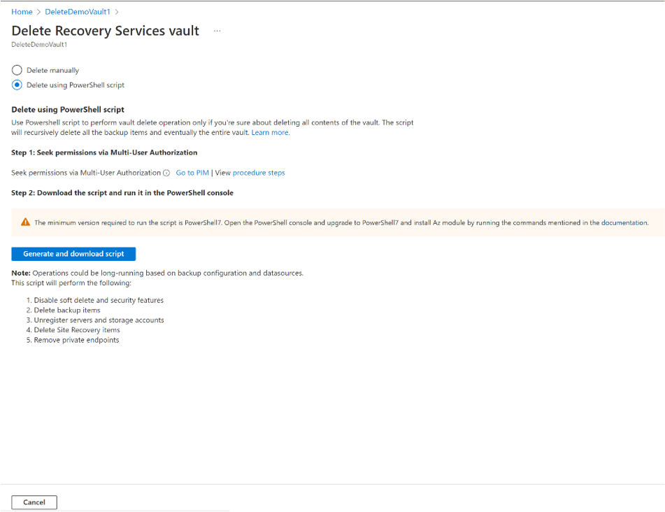 Captura de pantalla que muestra el proceso para generar el script de PowerShell de eliminación de la bóveda.