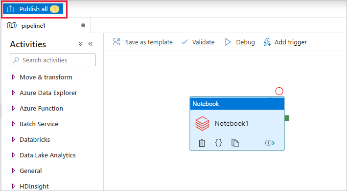 Captura de pantalla que muestra cómo publicar las nuevas entidades de Data Factory.